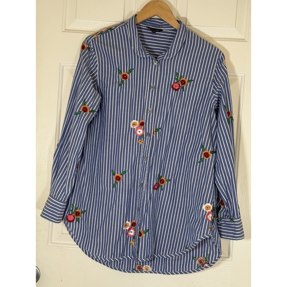 john mark blue embroidered Floral & Strip Blouse Cottagecore Size‎ Medium Spring